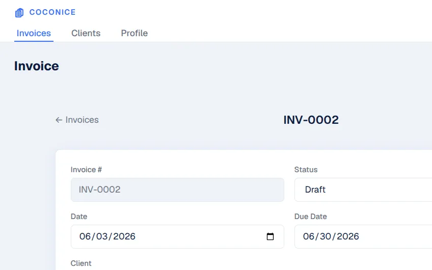 The Coconice invoice editor, showing invoice INV-0002 with its number, status and date fields.